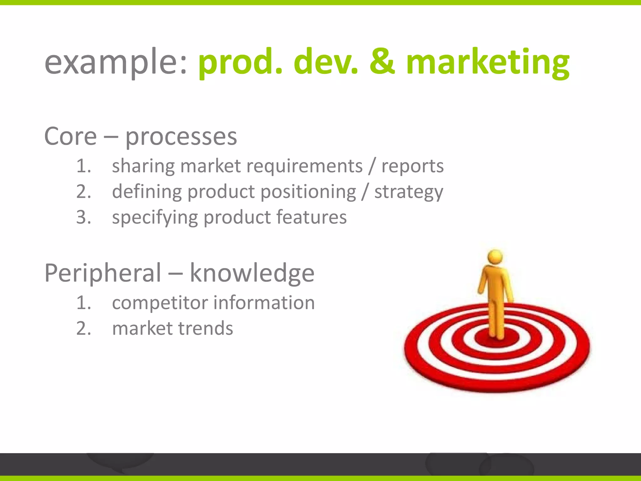 example: prod. dev. & marketing
Core – processes
  1. sharing market requirements / reports
  2. defining product positioning / strategy
  3. specifying product features

Peripheral – knowledge
  1. competitor information
  2. market trends
 