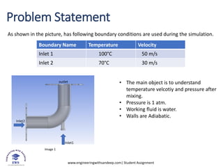 www.engineeringwithsandeep.com| Student Assignment
Problem Statement
As shown in the picture, has following boundary conditions are used during the simulation.
Image 1
Boundary Name Temperature Velocity
Inlet 1 100°C 50 m/s
Inlet 2 70°C 30 m/s
• The main object is to understand
temperature velcotiy and pressure after
mixing.
• Pressure is 1 atm.
• Working fluid is water.
• Walls are Adiabatic.
Inlet1
Inlet2
outlet
 