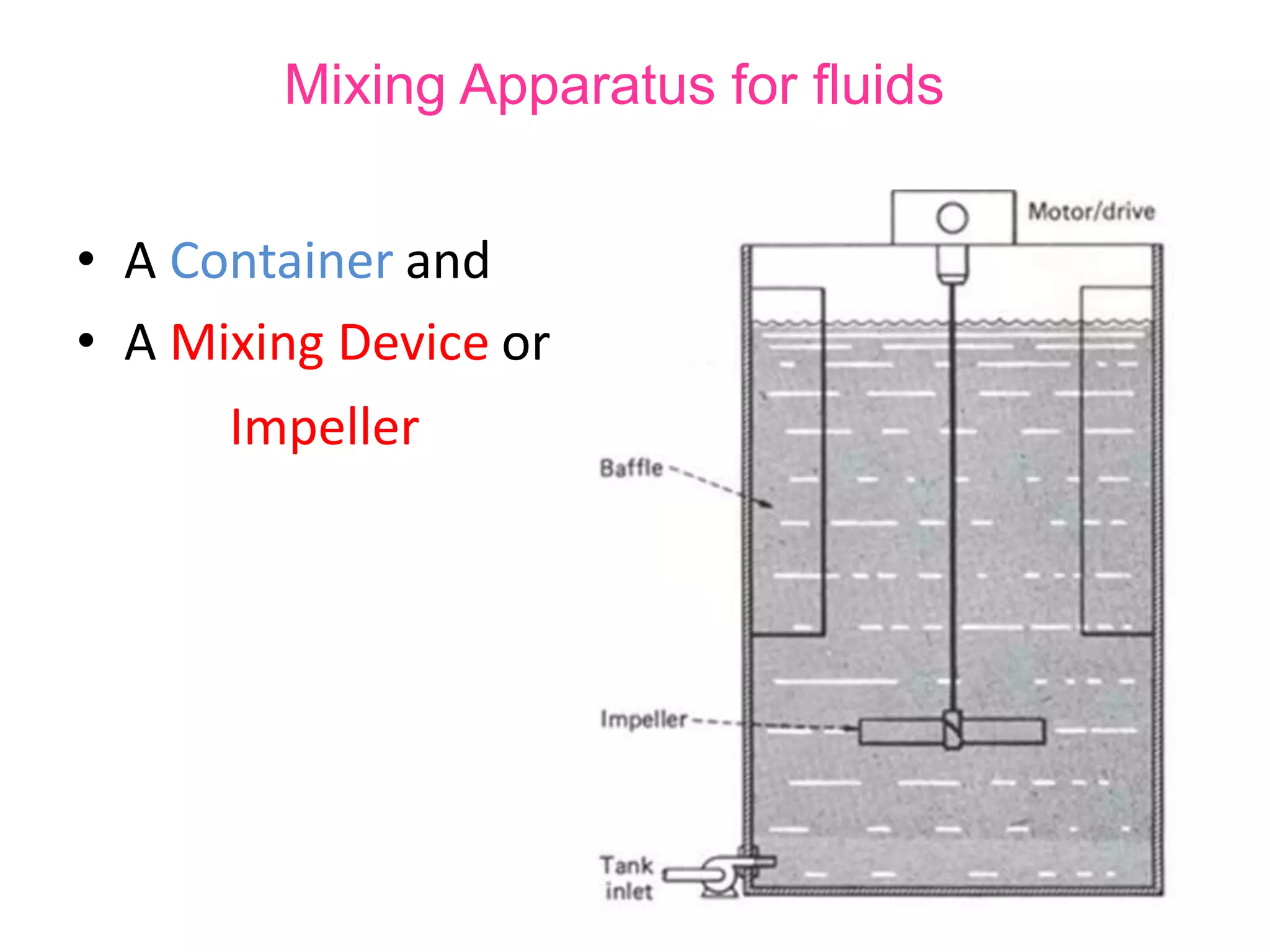 Mixing Apparatus for fluids
• A Container and
• A Mixing Device or
Impeller
 