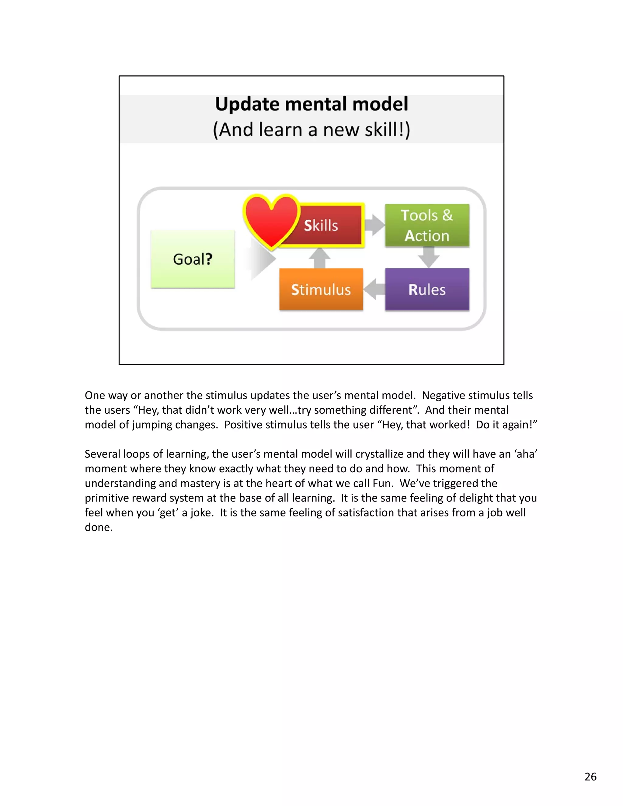One way or another the stimulus updates the user’s mental model.  Negative stimulus tells 
the users “Hey, that didn’t work very well…try something different”.  And their mental 
model of jumping changes.  Positive stimulus tells the user “Hey, that worked!  Do it again!” 

Several loops of learning, the user’s mental model will crystallize and they will have an ‘aha’ 
moment where they know exactly what they need to do and how.  This moment of 
understanding and mastery is at the heart of what we call Fun.  We’ve triggered the 
primitive reward system at the base of all learning.  It is the same feeling of delight that you 
primitive reward system at the base of all learning It is the same feeling of delight that you
feel when you ‘get’ a joke.  It is the same feeling of satisfaction that arises from a job well 
done. 




                                                                                                    26
 