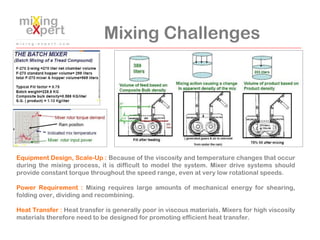 Mixing Challenges
Equipment Design, Scale-Up : Because of the viscosity and temperature changes that occur
during the mixi...