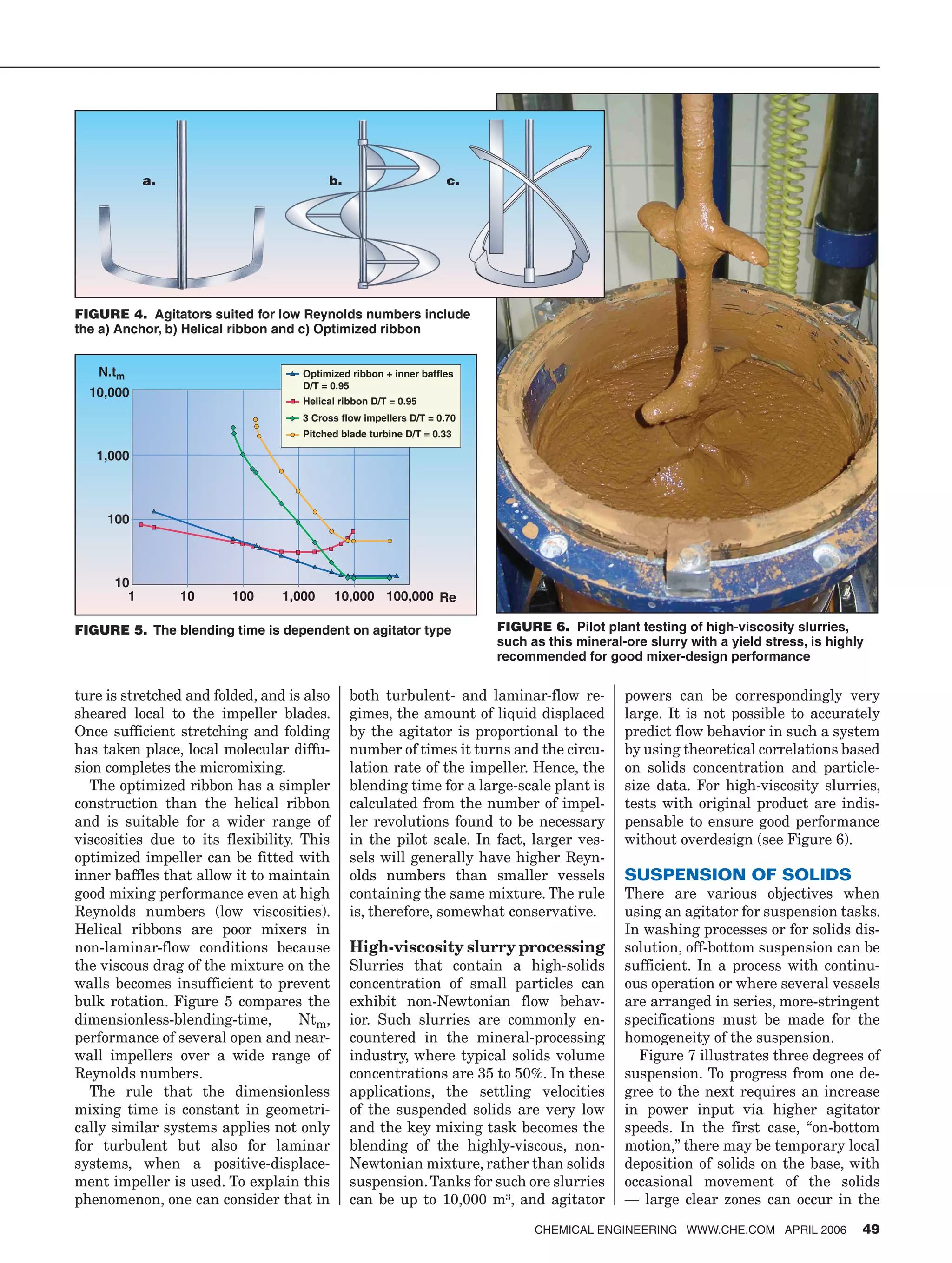 ture is stretched and folded, and is also
sheared local to the impeller blades.
Once sufficient stretching and folding
has taken place, local molecular diffu-
sion completes the micromixing.
The optimized ribbon has a simpler
construction than the helical ribbon
and is suitable for a wider range of
viscosities due to its flexibility. This
optimized impeller can be fitted with
inner baffles that allow it to maintain
good mixing performance even at high
Reynolds numbers (low viscosities).
Helical ribbons are poor mixers in
non-laminar-flow conditions because
the viscous drag of the mixture on the
walls becomes insufficient to prevent
bulk rotation. Figure 5 compares the
dimensionless-blending-time, Ntm,
performance of several open and near-
wall impellers over a wide range of
Reynolds numbers.
The rule that the dimensionless
mixing time is constant in geometri-
cally similar systems applies not only
for turbulent but also for laminar
systems, when a positive-displace-
ment impeller is used. To explain this
phenomenon, one can consider that in
both turbulent- and laminar-flow re-
gimes, the amount of liquid displaced
by the agitator is proportional to the
number of times it turns and the circu-
lation rate of the impeller. Hence, the
blending time for a large-scale plant is
calculated from the number of impel-
ler revolutions found to be necessary
in the pilot scale. In fact, larger ves-
sels will generally have higher Reyn-
olds numbers than smaller vessels
containing the same mixture. The rule
is, therefore, somewhat conservative.
High-viscosity slurry processing
Slurries that contain a high-solids
concentration of small particles can
exhibit non-Newtonian flow behav-
ior. Such slurries are commonly en-
countered in the mineral-processing
industry, where typical solids volume
concentrations are 35 to 50%. In these
applications, the settling velocities
of the suspended solids are very low
and the key mixing task becomes the
blending of the highly-viscous, non-
Newtonian mixture, rather than solids
suspension.Tanks for such ore slurries
can be up to 10,000 m³, and agitator
powers can be correspondingly very
large. It is not possible to accurately
predict flow behavior in such a system
by using theoretical correlations based
on solids concentration and particle-
size data. For high-viscosity slurries,
tests with original product are indis-
pensable to ensure good performance
without overdesign (see Figure 6).
SUSPENSION OF SOLIDS
There are various objectives when
using an agitator for suspension tasks.
In washing processes or for solids dis-
solution, off-bottom suspension can be
sufficient. In a process with continu-
ous operation or where several vessels
are arranged in series, more-stringent
specifications must be made for the
homogeneity of the suspension.
Figure 7 illustrates three degrees of
suspension. To progress from one de-
gree to the next requires an increase
in power input via higher agitator
speeds. In the first case, “on-bottom
motion,” there may be temporary local
deposition of solids on the base, with
occasional movement of the solids
— large clear zones can occur in the
����
��
������
�����
���
��
� �� ��� ����� ������ �������
���������������������������������
����������
�������������������������
����������������������������������
���������������������������������
FIGURE 4. Agitators suited for low Reynolds numbers include
the a) Anchor, b) Helical ribbon and c) Optimized ribbon
CHEMICAL ENGINEERING WWW.CHE.COM APRIL 2006 49
a. b. c.
FIGURE 5. The blending time is dependent on agitator type FIGURE 6. Pilot plant testing of high-viscosity slurries,
such as this mineral-ore slurry with a yield stress, is highly
recommended for good mixer-design performance
 
