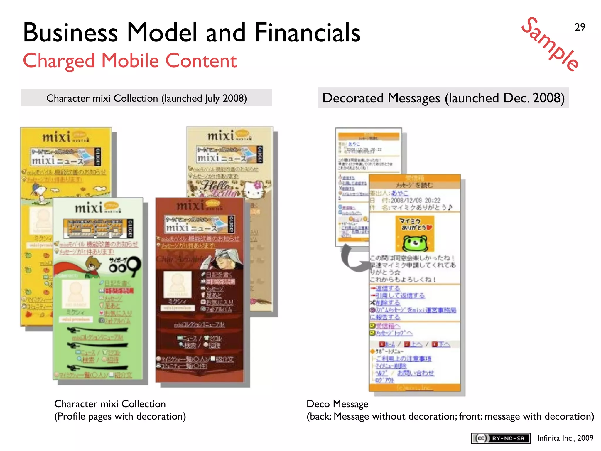 Sa
Business Model and Financials                                                                          mp           29


Charged Mobile Content                                                                                         le
  Character mixi Collection (launched July 2008)      Decorated Messages (launched Dec. 2008)




   Character mixi Collection                       Deco Message
   (Proﬁle pages with decoration)                  (back: Message without decoration; front: message with decoration)
                                                                                                        Inﬁnita Inc., 2009
 
