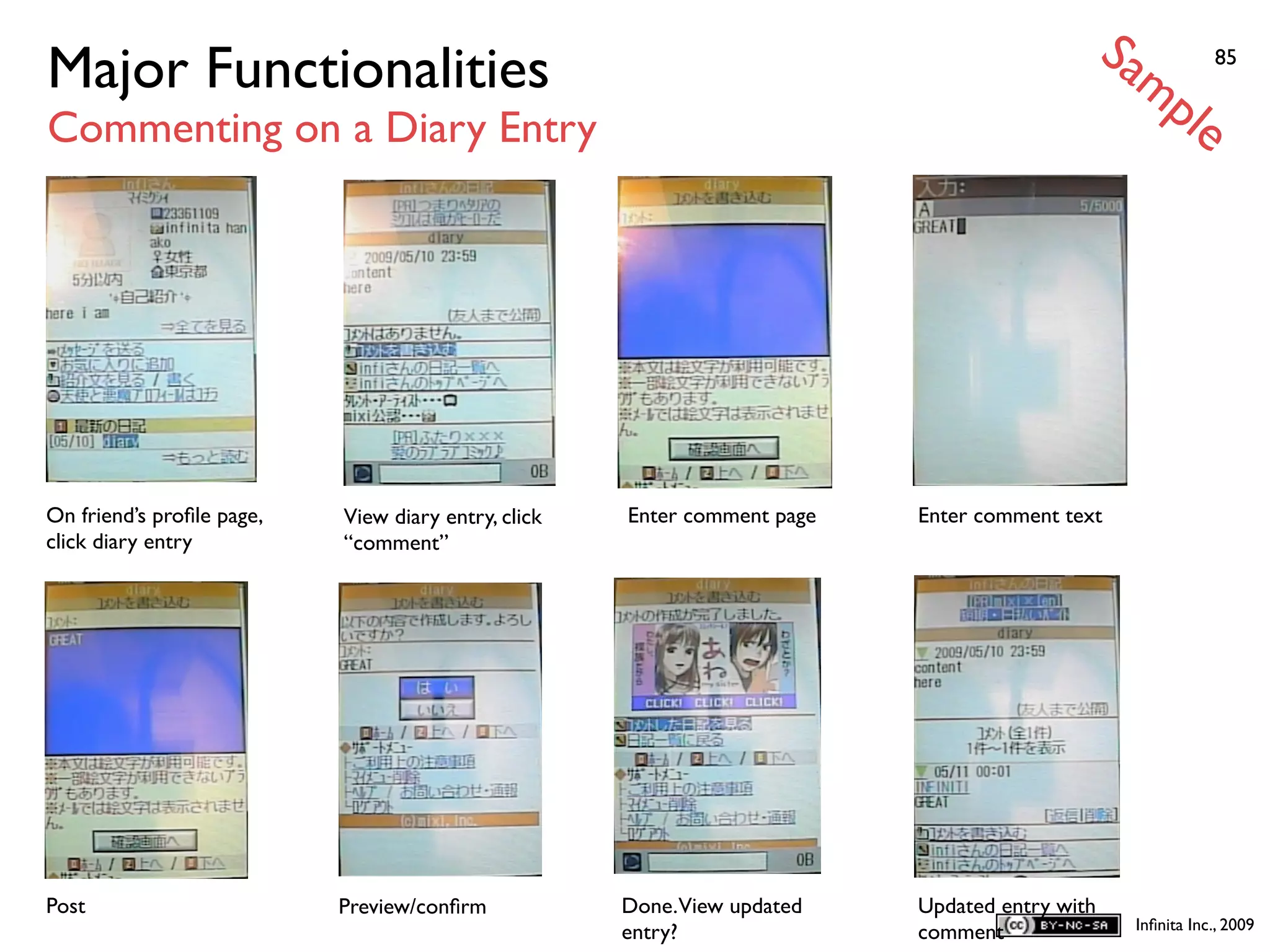 Sa
Major Functionalities                                                                            mp             85


Commenting on a Diary Entry                                                                                le




On friend’s proﬁle page,   View diary entry, click   Enter comment page   Enter comment text
click diary entry          “comment”




Post                       Preview/conﬁrm            Done.View updated    Updated entry with
                                                                                                    Inﬁnita Inc., 2009
                                                     entry?               comment
 