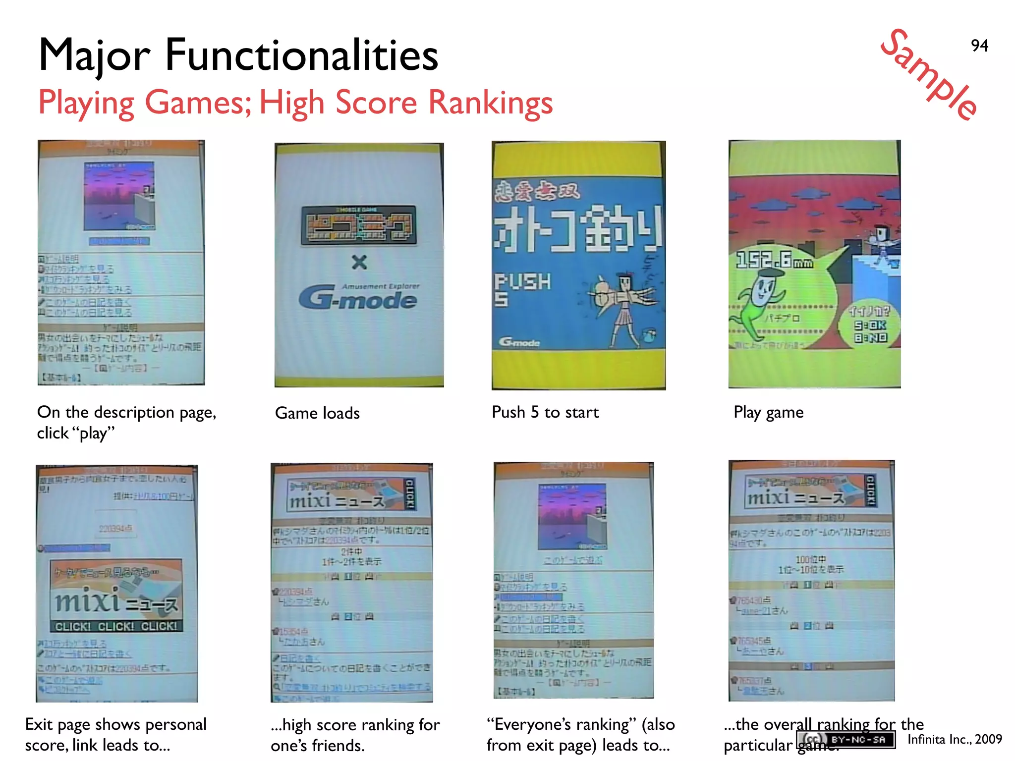 Sa
 Major Functionalities                                                                                              mp         94


 Playing Games; High Score Rankings                                                                                       le




 On the description page,   Game loads                  Push 5 to start                Play game
 click “play”




Exit page shows personal    ...high score ranking for   “Everyone’s ranking” (also    ...the overall ranking for the
                                                                                                                  Inﬁnita Inc., 2009
score, link leads to...     one’s friends.              from exit page) leads to...   particular game.
 