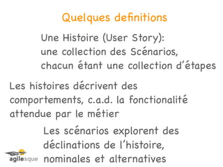 Quelques deﬁnitions
      Une Histoire (User Story):
      une collection des Scénarios,
      chacun étant une collection d’étapes
Les histoires décrivent des
comportements, c.a.d. la fonctionalité
attendue par le métier
       Les scénarios explorent des
       déclinations de l’histoire,
       nominales et alternatives
 