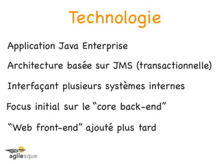 Technologie
Application Java Enterprise

Architecture basée sur JMS (transactionnelle)

Interfaçant plusieurs systèmes internes

Focus initial sur le “core back-end”

“Web front-end” ajouté plus tard
 