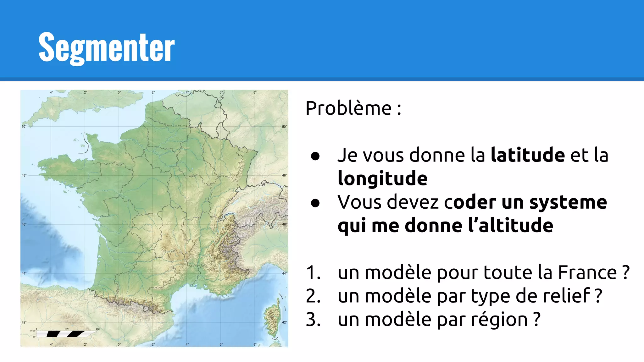 Segmenter
Problème :
● Je vous donne la latitude et la
longitude
● Vous devez coder un systeme
qui me donne l’altitude
1. un modèle pour toute la France ?
2. un modèle par type de relief ?
3. un modèle par région ?
 