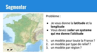 Segmenter
Problème :
● Je vous donne la latitude et la
longitude
● Vous devez coder un systeme
qui me donne l’altitude
1. un modèle pour toute la France ?
2. un modèle par type de relief ?
3. un modèle par région ?
 