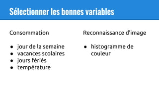 Sélectionner les bonnes variables
Consommation
● jour de la semaine
● vacances scolaires
● jours fériés
● température
Reconnaissance d’image
● histogramme de
couleur
 