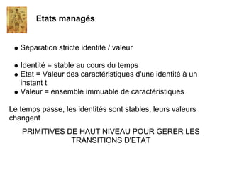 Etats managés


   Séparation stricte identité / valeur

   Identité = stable au cours du temps
   Etat = Valeur des caractéristiques d'une identité à un
   instant t
   Valeur = ensemble immuable de caractéristiques

Le temps passe, les identités sont stables, leurs valeurs
changent
   PRIMITIVES DE HAUT NIVEAU POUR GERER LES
               TRANSITIONS D'ETAT
 