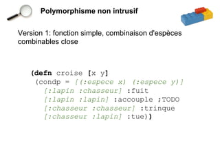 Polymorphisme non intrusif


Version 1: fonction simple, combinaison d'espèces
combinables close



   (defn croise [x y]
    (condp = [(:espece x) (:espece y)]
      [:lapin :chasseur] :fuit
      [:lapin :lapin] :accouple ;TODO
      [:chasseur :chasseur] :trinque
      [:chasseur :lapin] :tue))
 