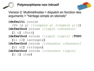 Polymorphisme non intrusif

Version 2: Multiméthodes = dispatch en fonction des
arguments = "héritage simple on steroids"
(defmulti croise
  (fn [x y] [(:espece x) (:espece y)]))
(defmethod croise [:lapin :chasseur]
  [l c] :fuit)
(defmethod croise [:lapin :lapin] ;TODO
  [l1 l2] :accouple)
(defmethod croise [:chasseur :chasseur]
  [c1 c2] :trinque)
(defmethod croise [:chasseur :lapin]
  [c l] :tue)
 