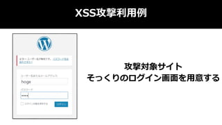 XSS攻撃利用例
攻撃対象サイト
そっくりのログイン画面を用意する
 