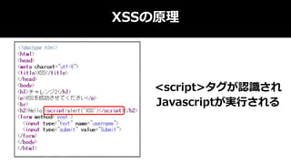 XSSの原理
<script>タグが認識され
Javascriptが実行される
 