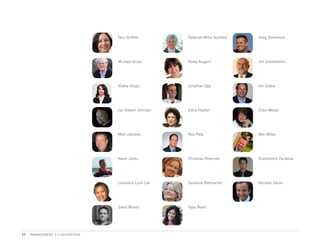 Terri Griffith       Deborah Mills-Scofield   Greg Stevenson




                                Michael Grove        Keely Nugent             Jim Stikeleather




                                Vlatka Hlupic        Jonathan Opp             Ian Stobie




                                Jan Robert Johnsen   Edna Pasher              Ellen Weber




                                Matt Johnson         Ron Pels                 Ben Willis




                                Kevin Jones          Christian Petersen       Gianvittorio Zandona




                                Laurence Lock Lee    Susanne Ramharter        Michele Zanini




                                David Mason          Nyla Reed




27   MANAGEMENT 2.0 HACKATHON
 