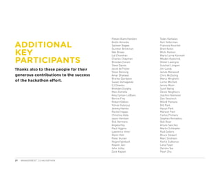 Pawan Alamchandani   Tadas Karkalas

ADDITIONAL
                                        Andre Almeida        Keri Kellerman
                                        Sameer Bagwe         Francois Knuchel


KEY
                                        Gunther Brinkman     Brett Kokot
                                        Nev Brown            Michi Komori
                                        Lal Chandran         Maria Lorna Kunnath

PARTICIPANTS                            Charles Chapman
                                        Brendan Coram
                                        Steve Davies
                                                             Mladen Kvaternik
                                                             Olivier Lavergne
                                                             Gulshan Longani
Thanks also to these people for their   Jacob de Feijter     Jim Lundy
                                        Steve Denning        James Marwood
generous contributions to the success   Amar Dhaliwal        Chris McDuling
                                        Branko Djordjevic    Marco Minghetti
of the hackathon effort.                Susan Domagalski     Lorne Mitchell
                                        CJ Downes            Janine Moon
                                        Brendan Dunphy       Sunil Natraj
                                        Marc Estrella        Derek Neighbors
                                        Amy Eyman-LeBlanc    Joachim Niemeier
                                        Bernie Frey          Dan Oestreich
                                        Robert Gibbon        Milind Pansare
                                        Yilmaz Guleryuz      Bill Park
                                        Jeremy Haines        Hyoun Park
                                        Rachel Happe         Mahesh Patil
                                        Christina Hata       Carlos Primera
                                        Jason Henham         Stephen Remedios
                                        Rob Hermans          Bob Roan
                                        Angela Hey           Arturo Sanchez
                                        Paul Higgins         Martin Schleipfer
                                        Lawrence Hiner       Rudi Sellers
                                        Glenn Holt           Bruce Stewart
                                        Peter Hunter         Marc Strohlein
                                        Vegard Iglebaek      Kartik Subbarao
                                        Rajesh Jain          Lelia Tippit
                                        John Jolley          Deirdre Yee
                                        Zack Kaplan          Pearl Zhu


29   MANAGEMENT 2.0 HACKATHON
 
