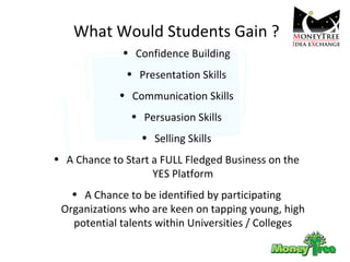 What Would Students Gain ? Confidence Building Presentation Skills Communication Skills Persuasion Skills Selling Skills A Chance to Start a FULL Fledged Business on the YES Platform A Chance to be identified by participating Organizations who are keen on tapping young, high potential talents within Universities / Colleges 
