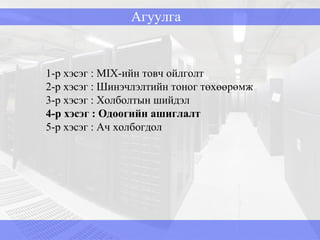 1-р хэсэг  : MIX -ийн товч ойлголт  2-р хэсэг : Шинэчлэлтийн тоног төхөөрөмж 3-р хэсэг  :  Холболтын шийдэл 4-р хэсэг  :  Одоогийн ашиглалт 5-р хэсэг  :  Ач холбогдол Агуулга 