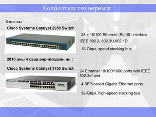 Холболтын төхөөрөмж Өмнө нь: Cisco Systems Catalyst 2950 Switch 2010 оны 4 сард   өөрчлөгдсөн нь :  Cisco Systems Catalyst 3750 Switch 24 Ethernet 10/100/1000 ports with IEEE 802.3af and 4 SFP-based Gigabit Ethernet ports 32-Gbps, high-speed stacking bus 24 x 10/100 Ethernet (RJ-45)   interface IEEE 802.3, 802.3U,802.1D 13 -Gbps, speed stacking bus 