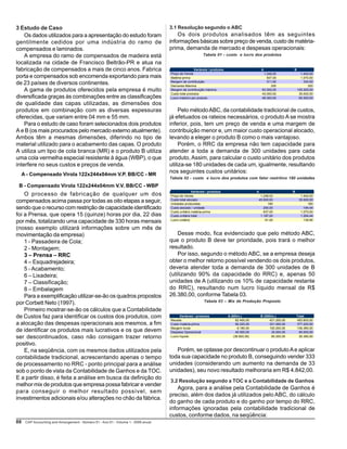 8888888888 CAP Accounting and Amangement - Número 01 – Ano 01 – Volume 1 – 2006 anual
3 Estudo de Caso
Os dados utilizados para a apresentação do estudo foram
gentilmente cedidos por uma indústria do ramo de
compensados e laminados.
A empresa do ramo de compensados de madeira está
localizada na cidade de Francisco Beltrão-PR e atua na
fabricação de compensados a mais de cinco anos. Fabrica
porta e compensados sob encomenda exportando para mais
de 23 países de diversos continentes.
A gama de produtos oferecidos pela empresa é muito
diversificada graças às combinações entre as classificações
de qualidade das capas utilizadas, as dimensões dos
produtos em combinação com as diversas espessuras
oferecidas, que variam entre 04 mm e 55 mm.
Para o estudo de caso foram selecionados dois produtos
A e B (os mais procurados pelo mercado externo atualmente).
Ambos têm a mesmas dimensões, diferindo no tipo de
material utilizado para o acabamento das capas. O produto
A utiliza um tipo de cola branca (MR) e o produto B utiliza
uma cola vermelha especial resistente à água (WBP), o que
interfere no seus custos e preços de venda.
A - Compensado Virola 122x244x04mm V.P. BB/CC - MR
B - Compensado Virola 122x244x04mm V.V. BB/CC - WBP
O processo de fabricação de qualquer um dos
compensados acima passa por todas as oito etapas a seguir,
sendo que o recurso com restrição de capacidade identificado
foi a Prensa, que opera 15 (quinze) horas por dia, 22 dias
por mês, totalizando uma capacidade de 330 horas mensais
(nosso exemplo utilizará informações sobre um mês de
movimentação da empresa)
1 - Passadeira de Cola;
2 - Montagem;
3 – Prensa – RRC
4 – Esquadrejadeira;
5 - Acabamento;
6 – Lixadeira;
7 – Classificação;
8 – Embalagem
Para a exemplificação utilizar-se-ão os quadros propostos
por Corbett Neto (1997).
Primeiro mostrar-se-ão os cálculos que a Contabilidade
de Custos faz para identificar os custos dos produtos, com
a alocação das despesas operacionais aos mesmos, a fim
de identificar os produtos mais lucrativos e os que devem
ser descontinuados, caso não consigam trazer retorno
positivo.
E, na seqüência, com os mesmos dados utilizados pela
contabilidade tradicional, acrescentando apenas o tempo
de processamento no RRC - ponto principal para a análise
sob o ponto de vista da Contabilidade de Ganhos e da TOC.
E a partir disso, é feita a análise em busca da definição do
melhor mix de produtos que empresa possa fabricar e vender
para conseguir o melhor resultado possível, sem
investimentos adicionais e/ou alterações no chão da fábrica.
3.1 Resolução segundo o ABC
Os dois produtos analisados têm as seguintes
informações básicas sobre preço de venda, custo de matéria-
prima, demanda de mercado e despesas operacionais:
Tabela 01 - custo e lucro dos produtos
Pelo métodoABC, da contabilidade tradicional de custos,
já efetuados os rateios necessários, o produto A se mostra
inferior, pois, tem um preço de venda e uma margem de
contribuição menor e, um maior custo operacional alocado,
levando a eleger o produto B como o mais vantajoso.
Porém, o RRC da empresa não tem capacidade para
atender a toda a demanda de 300 unidades para cada
produto, Assim, para calcular o custo unitário dos produtos
utiliza-se 180 unidades de cada um, igualmente, resultando
nos seguintes custos unitários:
Tabela 02 - custo e lucro dos produtos com fator restritivo 180 unidades
Desse modo, fica evidenciado que pelo método ABC,
que o produto B deve ter prioridade, pois trará o melhor
resultado.
Por isso, segundo o método ABC, se a empresa deseja
obter o melhor retorno possível vendendo os dois produtos,
deveria atender toda a demanda de 300 unidades de B
(utilizando 90% da capacidade do RRC) e, apenas 50
unidades de A (utilizando os 10% de capacidade restante
do RRC), resultando num lucro líquido mensal de R$
26.380,00, conforme Tabela 03.
Tabela 03 – Mix de Produção Proposto
Porém, se optasse por descontinuar o produtoAe aplicar
toda sua capacidade no produto B, conseguindo vender 333
unidades (considerando um aumento na demanda de 33
unidades), seu novo resultado melhoraria em R$ 4.842,00.
3.2 Resolução segundo a TOC e a Contabilidade de Ganhos
Agora, para a análise pela Contabilidade de Ganhos é
preciso, além dos dados já utilizados pelo ABC, do cálculo
do ganho de cada produto e do ganho por tempo do RRC,
informações ignoradas pela contabilidade tradicional de
custos, conforme dados, na seqüência:
Variáveis  produtos A B
Preço de Venda 1.248,00 1.404,00
Matéria-prima 937,00 1.070,00
Margem de contribuição 311,00 334,00
Demanda Máxima 300 300
Margem de contribuição máxima 93.300,00 100.200,00
Custo total produtos 45.000,00 35.000,00
Lucro máximo por produto 48.300,00 65.200,00
Variáveis  produtos A B
Preço de Venda 1.248,00 1.404,00
Custo total alocado 45.000,00 35.000,00
Unidades produzidas 180 180
Custo alocado / unidade 250,00 194,44
Custo unitário matéria-prima 937,00 1.070,00
Custo unitário total 1.187,00 1.264,44
Lucro unitário 61,00 139,56
Variáveis  produtos A (60Un.) B (300Un.) Total
Receita 62.400,00 421.200,00 483.600,00
Custo matéria-prima 56.220,00 321.000,00 377.220,00
Margem bruta 6.180,00 100.200,00 106.380,00
Despesa Operacional 45.000,00 35.000,00 80.000,00
Lucro líquido (38.820,00) 65.200,00 26.380,00
 