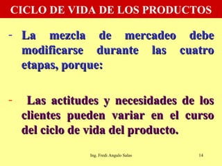 CICLO DE VIDA DE LOS PRODUCTOS La mezcla de mercadeo debe modificarse durante las cuatro etapas, porque: Las actitudes y necesidades de los clientes pueden variar en el curso del ciclo de vida del producto.   Ing. Fredi Angulo Salas 