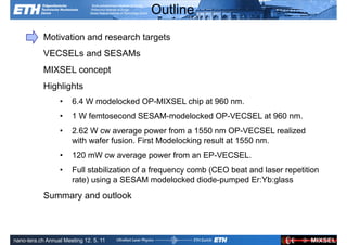 Outline
            Motivation and research targets
            VECSELs and SESAMs
            MIXSEL concept
            Highlights
                  •    6.4 W modelocked OP-MIXSEL chip at 960 nm.
                  •    1 W femtosecond SESAM-modelocked OP-VECSEL at 960 nm.
                  •    2.62 W cw average power from a 1550 nm OP-VECSEL realized
                       with wafer fusion. First Modelocking result at 1550 nm.
                  •    120 mW cw average power from an EP-VECSEL.
                  •    Full stabilization of a frequency comb (CEO beat and laser repetition
                       rate) using a SESAM modelocked diode-pumped Er:Yb:glass
            Summary and outlook


               Ultrafast Laser                                             ETH Zurich
               Physics
nano-tera.ch Annual Meeting 12. 5. 11
 
