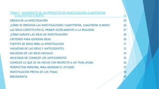TEMA 2 NACIMIENTO DE UN PROYECTO DE INVESTIGACIÓN CUANTITATIVA
CUALITATIVA O MIXTA 24
ORIGEN DE LA INVESTIGACIÓN 25
¿CÓMO SE ORIGINAN LAS INVESTIGACIONES CUANTITATIVA, CUALITATIVA O MIXTA? 26
LAS IDEAS CONSTITUYEN EL PRIMER ACERCAMIENTO A LA REALIDAD 27
¿CÓMO SURGEN LAS IDEAS DE INVESTIGACIÓN? 28
CRITERIOS PARA GENERAR IDEAS 29
FUENTES DE IDEAS PARA LA INVESTIGACION 31
VAGUEDAD DE LAS IDEAS Y ANTECEDENTES. 33
VAGUEDAD DE LAS IDEAS INICIALES 34
NECESIDAD DE CONOCER LOS ANTECEDENTES 35
CONOCER LO QUE SE HA HECHO CON RESPECTO A UN TEMA AYUDA 36
PERSPECTIVA PRINCIPAL PARA ABORDAR EL ESTUDIO 37
INVESTIGACIÓN PREVIA DE LOS TEMAS 38
BIBLIOGRAFIA
3
40
 