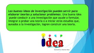 Las buenas ideas de investigación pueden servir para
elaborar teorías y solucionar problemas. Una buena idea
puede conducir a una investigación que ayude a formular,
integrar o probar una teoría o a iniciar otros estudios que,
aunados a la investigación, logren construir una teoría.
30
Ilustración 21. Buenas ideas
 