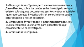 2.-Temas ya investigados pero menos estructurados y
formalizados, sobre los cuales se ha investigado aunque
existen solo algunos documentos escritos y otros materiales
que reporten esta investigación: el conocimiento puede
estar disperso o no ser accesible.
3.-Temas poco investigados y poco estructurados, los
cuales requieren un esfuerzo para encontrar lo que
escasamente se ha investigado.
4.-Temas no investigados.
39
 