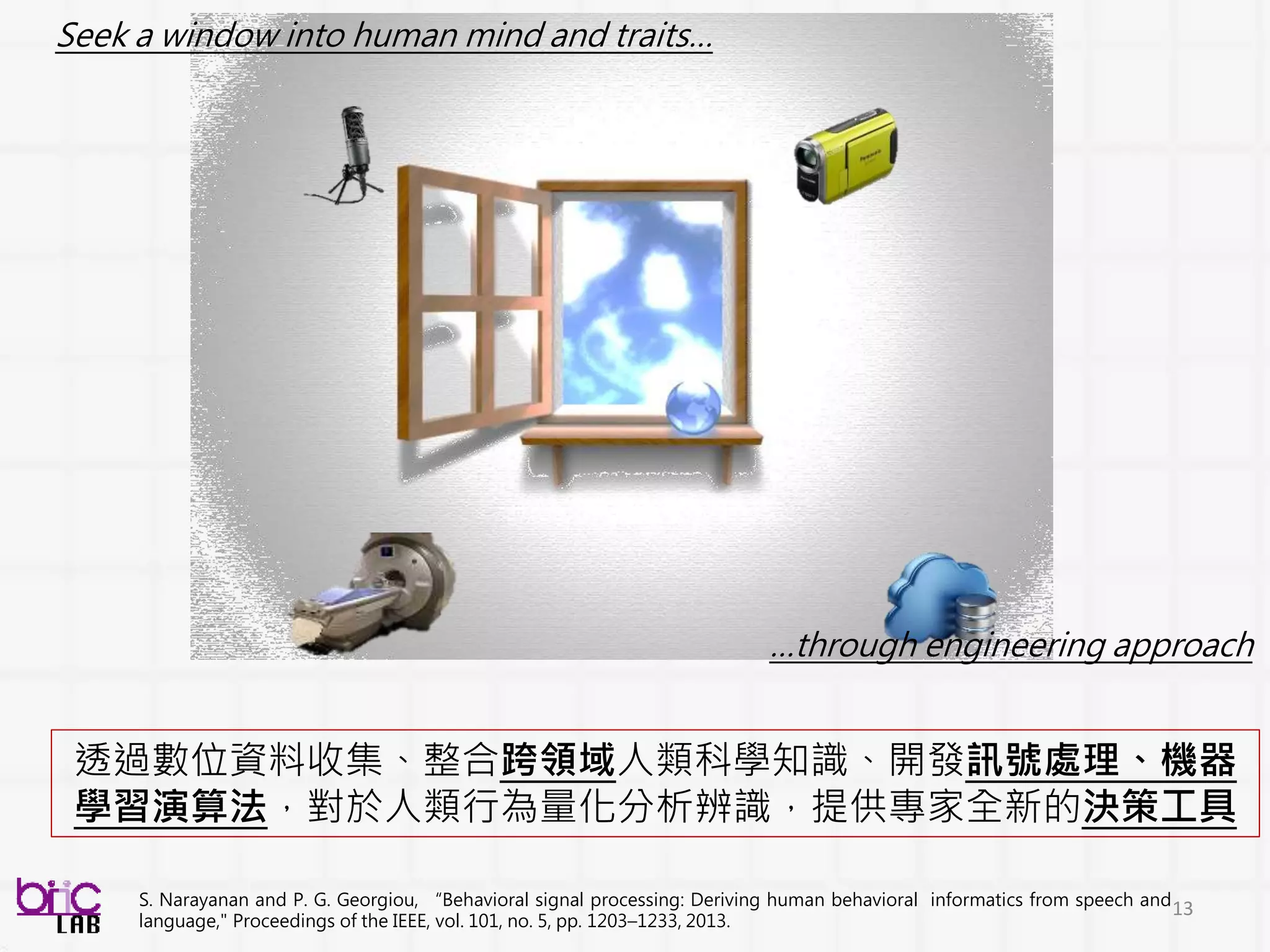 13
透過數位資料收集、整合跨領域人類科學知識、開發訊號處理、機器
學習演算法，對於人類行為量化分析辨識，提供專家全新的決策工具
Seek a window into human mind and traits…
…through engineering approach
S. Narayanan and P. G. Georgiou, “Behavioral signal processing: Deriving human behavioral informatics from speech and
language," Proceedings of the IEEE, vol. 101, no. 5, pp. 1203–1233, 2013.
 