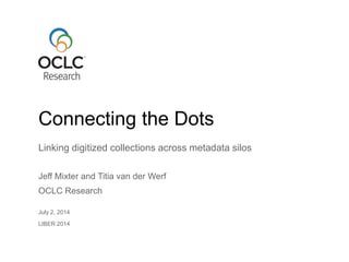 Linking digitized collections across metadata silos
Jeff Mixter and Titia van der Werf
OCLC Research
July 2, 2014
LIBER 2014
Connecting the Dots
 