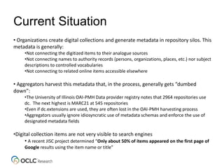 Current Situation
• Organizations create digital collections and generate metadata in repository silos. This
metadata is generally:
•Not connecting the digitized items to their analogue sources
•Not connecting names to authority records (persons, organizations, places, etc.) nor subject
descriptions to controlled vocabularies
•Not connecting to related online items accessible elsewhere
• Aggregators harvest this metadata that, in the process, generally gets “dumbed
down”:
•The University of Illinois OAI-PMH Data provider registry notes that 2964 repositories use
dc. The next highest is MARC21 at 545 repositories
•Even if dc.extensions are used, they are often lost in the OAI-PMH harvesting process
•Aggregators usually ignore idiosyncratic use of metadata schemas and enforce the use of
designated metadata fields
•Digital collection items are not very visible to search engines
• A recent JISC project determined “Only about 50% of items appeared on the first page of
Google results using the item name or title”
 