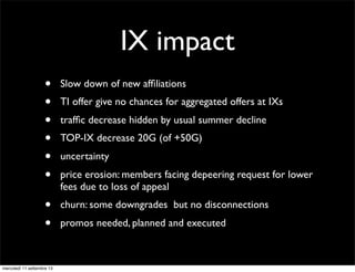 IX impact
•
•
•
•
•
•

Slow down of new afﬁliations

•
•

churn: some downgrades but no disconnections

mercoledì 11 settembre 13

TI offer give no chances for aggregated offers at IXs
trafﬁc decrease hidden by usual summer decline
TOP-IX decrease 20G (of +50G)
uncertainty
price erosion: members facing depeering request for lower
fees due to loss of appeal
promos needed, planned and executed

 