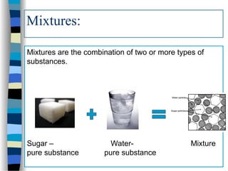 Mixtures are the combination of two or more types of
substances.
Sugar – Water- Mixture
pure substance pure substance
Mixtures:
 