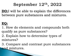 DO:I will be able to explain the differences
between pure substances and mixtures.
EQ:
1. How do elements and compounds both
qualify as pure substances?
2. Explain how to determine types of
mixtures?
3. Compare and contrast pure substances
and mixtures.
 