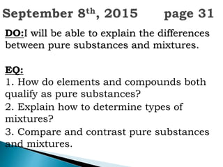 DO:I will be able to explain the differences
between pure substances and mixtures.
EQ:
1. How do elements and compounds both
qualify as pure substances?
2. Explain how to determine types of
mixtures?
3. Compare and contrast pure substances
and mixtures.
 
