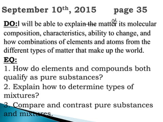 DO:I will be able to explain the matter its molecular
composition, characteristics, ability to change, and
how combinations of elements and atoms from the
different types of matter that make up the world.
EQ:
1. How do elements and compounds both
qualify as pure substances?
2. Explain how to determine types of
mixtures?
3. Compare and contrast pure substances
and mixtures.
 