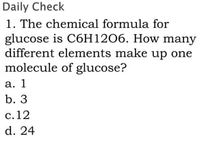 1. The chemical formula for
glucose is C6H12O6. How many
different elements make up one
molecule of glucose?
a. 1
b. 3
c.12
d. 24
 