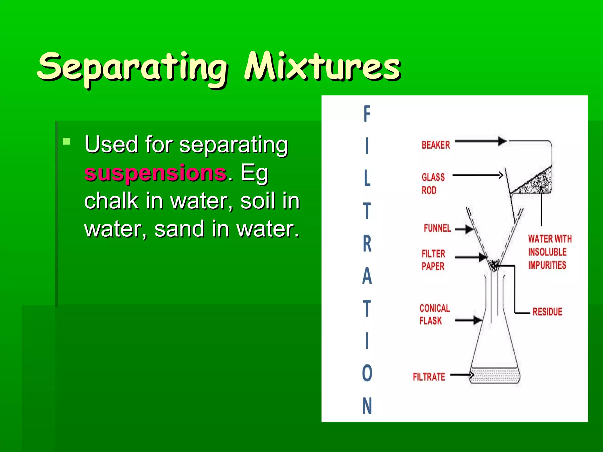 SSeeppaarraattiinngg MMiixxttuurreess 
 UUsseedd ffoorr sseeppaarraattiinngg 
ssuussppeennssiioonnss.. EEgg 
cchhaallkk iinn wwaatteerr,, ssooiill iinn 
wwaatteerr,, ssaanndd iinn wwaatteerr.. 
 