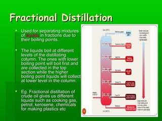 FFrraaccttiioonnaall DDiissttiillllaattiioonn 
 UUsseedd ffoorr sseeppaarraattiinngg mmiixxttuurreess 
ooff lliiqquuiiddss iinn ffrraaccttiioonnss dduuee ttoo 
tthheeiirr bbooiilliinngg ppooiinnttss.. 
 TThhee lliiqquuiiddss bbooiill aatt ddiiffffeerreenntt 
lleevveellss ooff tthhee ddiissttiillllaattiinngg 
ccoolluummnn.. TThhee oonneess wwiitthh lloowweerr 
bbooiilliinngg ppooiinntt wwiillll bbooiill ffiirrsstt aanndd 
aarree ccoolllleecctteedd iinn tthhee ttoopp 
sseeccttiioonn wwhhiillee tthhee hhiigghheerr 
bbooiilliinngg ppooiinntt lliiqquuiiddss wwiillll ccoolllleecctt 
aatt lloowweerr lleevveell iinn tthhee ccoolluummnn.. 
 EEgg.. FFrraaccttiioonnaall ddiissttiillllaattiioonn ooff 
ccrruuddee ooiill ggiivveess uuss ddiiffffeerreenntt 
lliiqquuiiddss ssuucchh aass ccooookkiinngg ggaass,, 
ppeettrrooll,, kkeerroosseennee,, cchheemmiiccaallss 
ffoorr mmaakkiinngg ppllaassttiiccss eettcc 
 