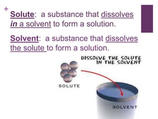 +
    Solute: a substance that dissolves
    in a solvent to form a solution.
    Solvent: a substance that dissolves
    the solute to form a solution.
 