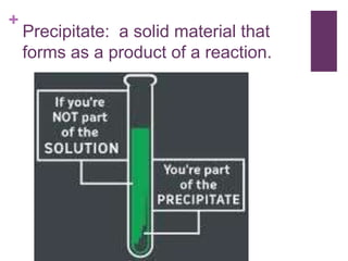 +
    Precipitate: a solid material that
    forms as a product of a reaction.
 