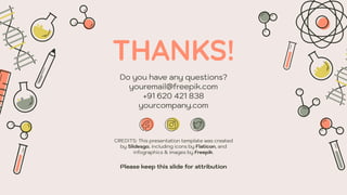 CREDITS: This presentation template was created
by Slidesgo, including icons by Flaticon, and
infographics & images by Freepik.
THANKS!
Do you have any questions?
youremail@freepik.com
+91 620 421 838
yourcompany.com
Please keep this slide for attribution
 