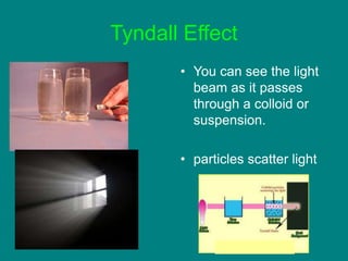 Colloids
Tyndall Effect
• You can see the light
beam as it passes
through a colloid or
suspension.
• particles scatter light
 