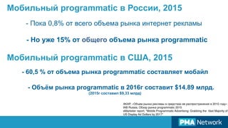 - Пока 0,8% от всего объема рынка интернет рекламы
- Но уже 15% от общего объема рынка programmatic
AKAP, «Объем рынка рекламы в средствах ее распространения в 2015 году»
IAB Russia, Обзор рынка programmatic 2015
eMarketer report, "Mobile Programmatic Advertising: Grabbing the Vast Majority of
US Display Ad Dollars by 2017"
Мобильный programmatic в России, 2015
- 60,5 % от объема рынка programmatic составляет мобайл
- Объём рынка programmatic в 2016г составит $14.89 млрд.
(2015г составил $9,33 млрд)
Мобильный programmatic в США, 2015
 