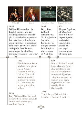 William III James II Berry Bros. & Rudd Hogarth’s ‘Gin Lane’
1688
William III ascends to the
English throne, and gin
distilling increases. Initially
gin is very similar to genever,
but over time it develops a
distinctive style, eliminating
malt wine. The ban of wines
and spirits from France
encourages the distilling
industry creating a ‘Gin Craze’.
1698
Berry Bros.
& Rudd
established at
No.3 St James’s
Street in
London. This
unique address
later inspires
the creation
of No.3 Gin.
1746
Prince Charles Edward
Stuart (Bonnie Prince
Charlie) flees to the
Isle of Skye after the
unsuccessful Jacobite
rising and escapes the
country after being
disguised as an Irish
maid by Flora
MacDonald.
1692
The infamous Salem
witch trials begin in
Salem Village,
Massachusetts Bay
Colony. The trial
was immortalised
in modern culture
as The Crucible, by
playwright Arthur
Miller.
1690
King William III of England
defeats the deposed James II
at the Battle of the Boyne,
north of Dublin.
* * * * *
1751
Hogarth’s prints
of ‘Beer Street’
and ‘Gin Lane’
depict squalor
and social
depravation
caused by
the huge
consumption
of cheap gin.
12
1698
The Palace of Whitehall in
London is destroyed by fire.
 