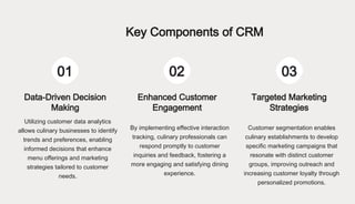 01 02 03
Key Components of CRM
Data-Driven Decision
Making
Enhanced Customer
Engagement
Targeted Marketing
Strategies
Utilizing customer data analytics
allows culinary businesses to identify
trends and preferences, enabling
informed decisions that enhance
menu offerings and marketing
strategies tailored to customer
needs.
By implementing effective interaction
tracking, culinary professionals can
respond promptly to customer
inquiries and feedback, fostering a
more engaging and satisfying dining
experience.
Customer segmentation enables
culinary establishments to develop
specific marketing campaigns that
resonate with distinct customer
groups, improving outreach and
increasing customer loyalty through
personalized promotions.
 