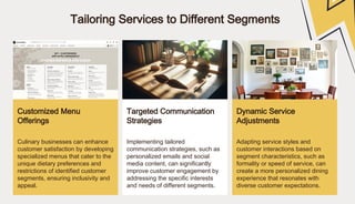 Tailoring Services to Different Segments
Customized Menu
Offerings
Targeted Communication
Strategies
Dynamic Service
Adjustments
Culinary businesses can enhance
customer satisfaction by developing
specialized menus that cater to the
unique dietary preferences and
restrictions of identified customer
segments, ensuring inclusivity and
appeal.
Implementing tailored
communication strategies, such as
personalized emails and social
media content, can significantly
improve customer engagement by
addressing the specific interests
and needs of different segments.
Adapting service styles and
customer interactions based on
segment characteristics, such as
formality or speed of service, can
create a more personalized dining
experience that resonates with
diverse customer expectations.
 