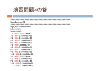 演習問題4の答
###############################################
LinearConstraint 12
###############################################
fega_type=NodeVariable
index_byte=4
format=i4i4f8
1 2 1001 1.000000e+00
4 2 1001 -0.2500000e+00
5 2 1001 -0.2500000e+00
8 2 1001 -0.2500000e+00
9 2 1001 -0.2500000e+00
2 2 1002 1.000000e+00
5 2 1002 -0.2500000e+00
6 2 1002 -0.2500000e+00
9 2 1002 -0.2500000e+00
10 2 1002 -0.2500000e+00
3 2 1003 1.000000e+00
6 2 1003 -0.2500000e+00
7 2 1003 -0.2500000e+00
10 2 1003 -0.2500000e+00
11 2 1003 -0.2500000e+00
 